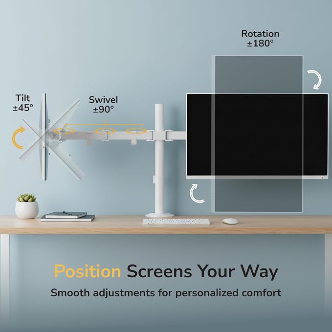 Mount-It Dual Monitor Arm for Desk, Full Motion Steel Mount 17-32 Inch | Holds up to 19.8 lbs per Arm, VESA 75x75 100x100, C-Clamp and Grommet Base, Cable Management, Height Adjustable, White - Image 6