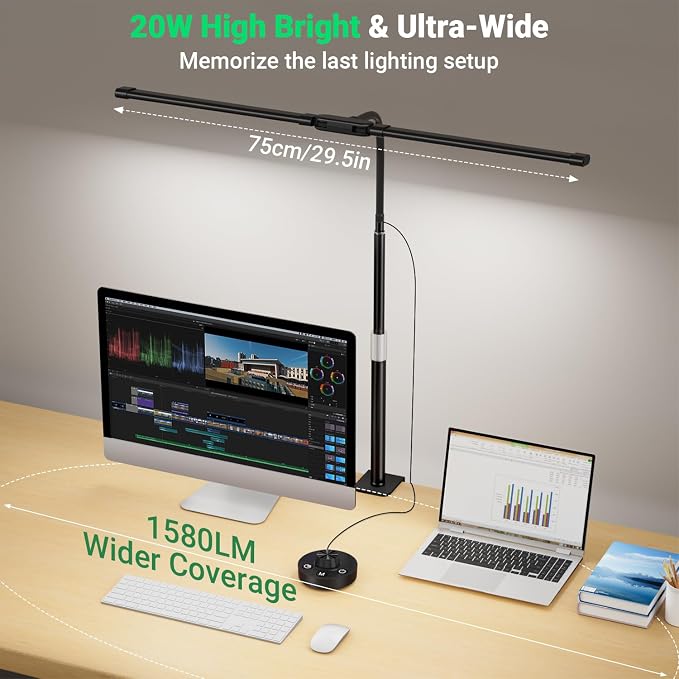 LED Desk Lamp with Clamp, 23.5-31.5 Inches, Black | 24W, 75 Lighting Modes, Flexible Neck Design, Telescopic Height, For Home Office Study Work Craft Paint - Image 4