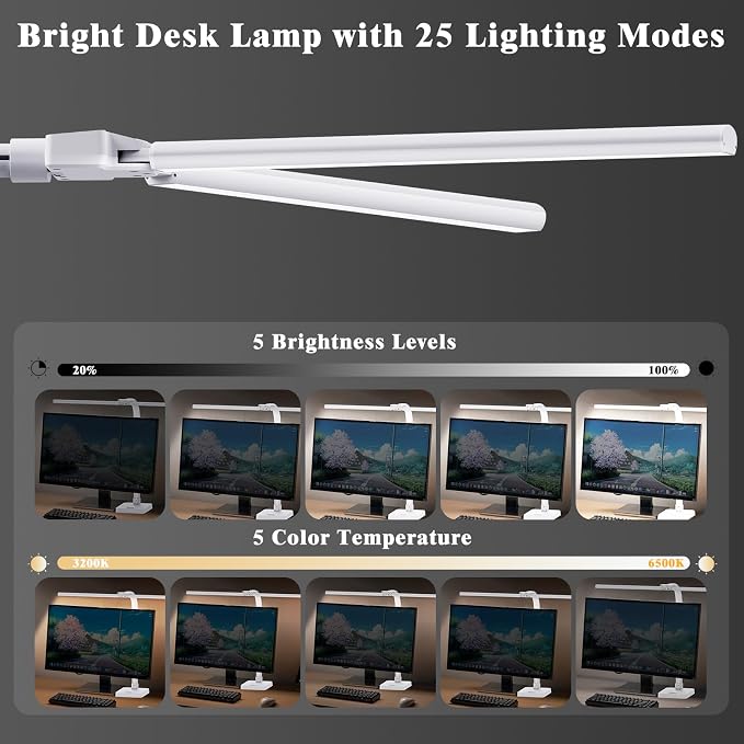 GAEFURY LED Desk Lamp for Home Office, 24W Bright Desk Lamp with Phone Holder Base - 25 Lighting Modes Eye-Caring Desk Light Adjustable Gooseneck Lamp for Workbench Drafting Reading Study-White - Image 2