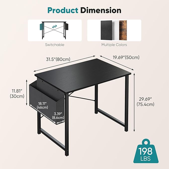 OLIXIS Small Computer Desk, 31 Inch Gaming Desks for Home Office | Writing Study Craft Work Table, Computer Workstation for Bedroom Small Spaces with Storage Bag, Black - Image 3
