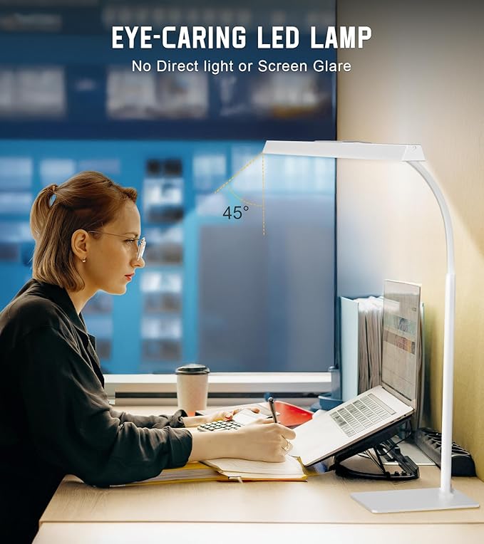 LED Desk Lamp for Home Office with Base, Eye-Caring Desk Light 12W | Tall Lamp for Computer Monitor Task Reading, Adjustable Gooseneck, 5 Dimmable Brightness & Color, Touch Control, Timer - Image 3