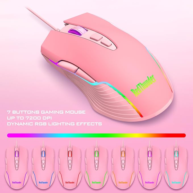 RedThunder K10 Wired Gaming Keyboard and Mouse and Wrist Rest Combo, RGB Backlit, Mechanical Feel Anti-ghosting Keyboard + 7D 7200 DPI Mice+Soft Leather Wrist Rest 3 in 1 PC Gamer Accessories(Pink) - Image 6