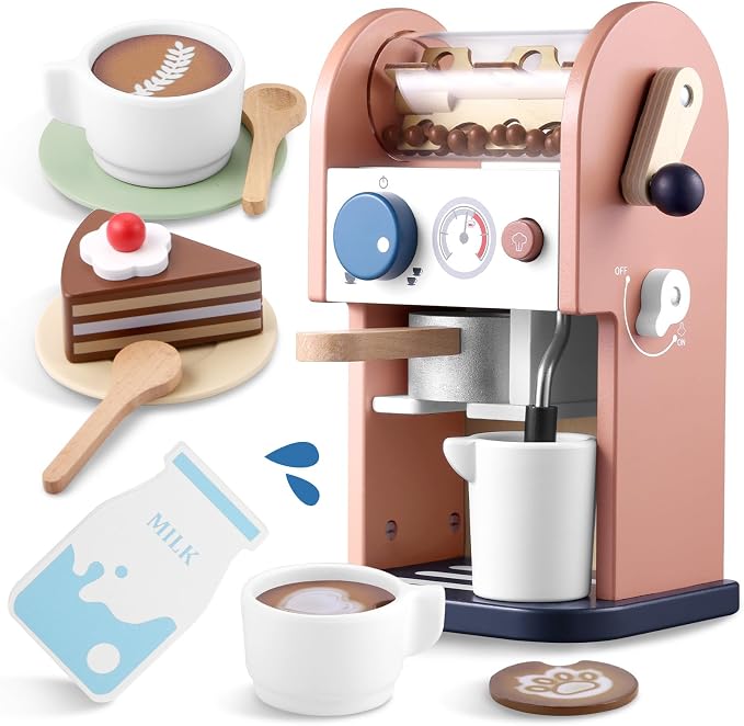 GAGAKU Wooden Coffee Maker Toy 14 pcs Play Kitchen Accessories Toy Coffee Maker for Kids Pretend Playset Toddler Coffee Maker Gifts for Boys and Girls by GAGAKU