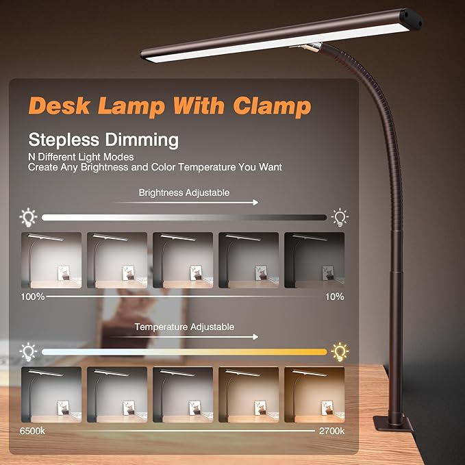 Airlonv LED Desk Lamp for Office Home, Eye-Caring Desk Light with Stepless Dimming Adjustable Flexible Gooseneck, 10W USB Adapter Desk Lamp with Clamp for Reading, Study, Workbench (Brown) - Image 2