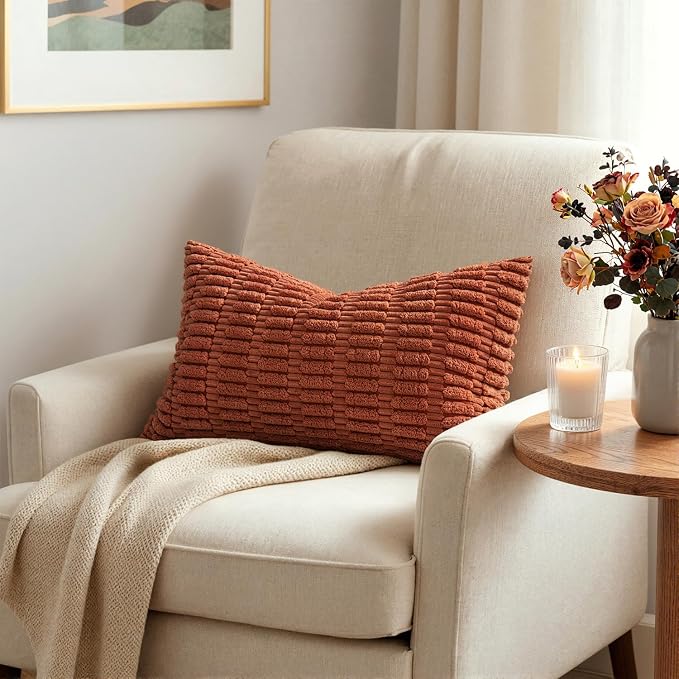 MIULEE Fall Pack of 2 Rust Corduroy Decorative Lumbar Pillow Covers 20x12 Inch Soft Boho Striped Throw Pillow Covers Modern Farmhouse Home Decor for Sofa Living Room Couch Bed - Image 2