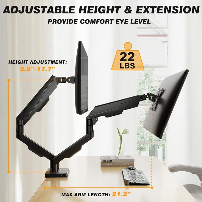 5Rcom Dual Monitor Stand for 17-34 Inch Computer Screens | Gas Spring Full Motion Dual Arms, Each Holds 22lbs, Fits 75/100mm VESA Mount - Image 3