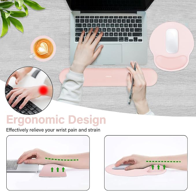 MOSISO Wrist Rest Support for Mouse Pad&Keyboard Set, Chalk Pink | Circle Curved Ergonomic Mousepad Non-Slip Base Home/Office Pain Relief&Easy Typing Pad with Soft Cloth&Silicone Lining - Image 3