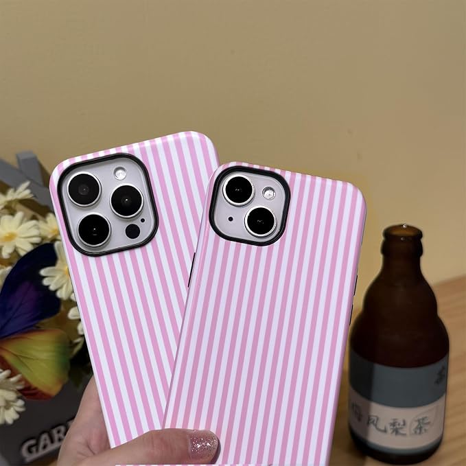 for iPhone 15 Pro Max Case Striped Cute Aesthetics Phone Case Trendy Protective Shockproof Cover for iPhone 15 Pro Max Pink White - Image 3