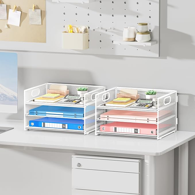 Subekyu 2-Pack 3-Tier White Metal Mesh Desk Paper Letter Tray & File Sorter Organizer with Handle + 1 Sliding Tray for Desk, Home, Office, School Supplies, A4 Paper and Accessories Storage - Image 3