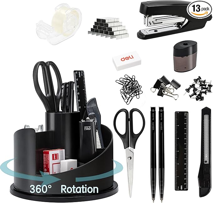 deli Office Supplies Set, Desk Accessory Organizer Kit, Black | Stationary Set, Desk Supplies with Rotating Multi-Functional Pen Holder &Stapler Set for Office, School, Home by delioffice