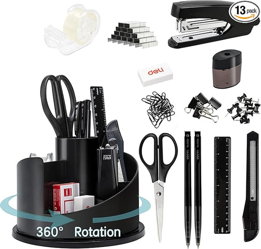 deli Office Supplies Set, Desk Accessory Organizer Kit, Black | Stationary Set, Desk Supplies with Rotating Multi-Functional Pen Holder &Stapler Set for Office, School, Home by delioffice