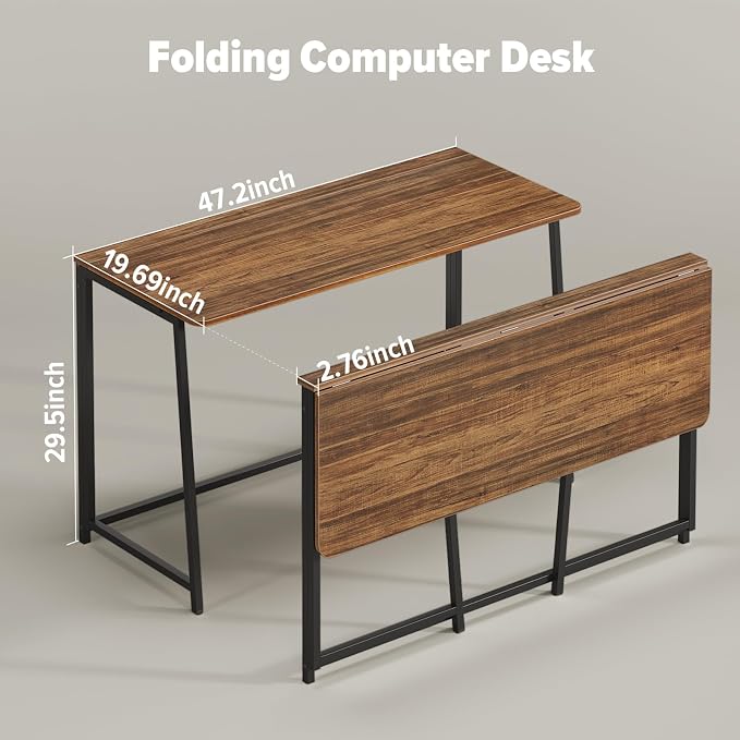 WOHOMO Folding Desk, 47.2" Foldable Computer Table for Small Spaces, Walnut | Easy Assembly and Fold, Sturdy Home office desks for Study Bedroom Dorm Space Saving Writing Work Apartment - Image 2