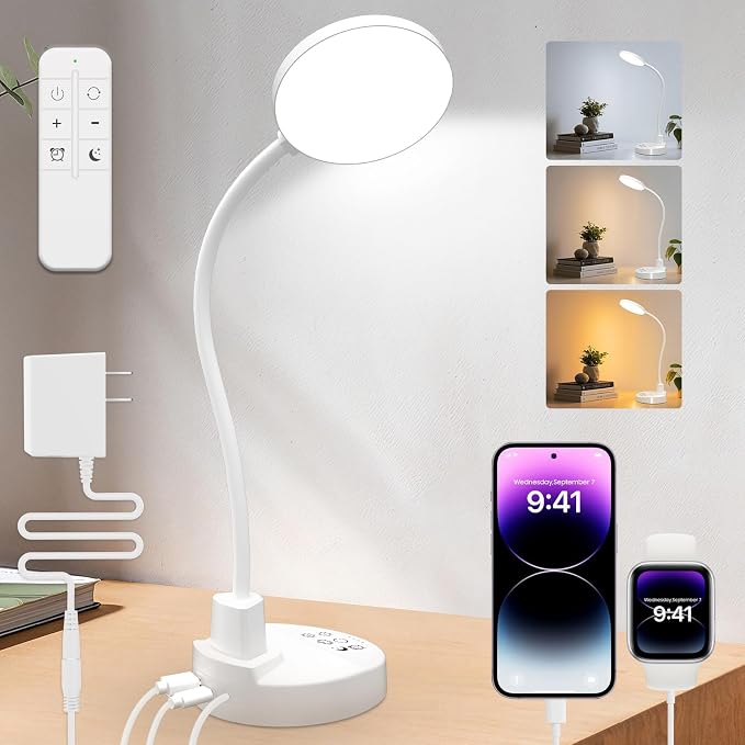 15W LED Desk Lamp with USB Charging Ports, [Button & Remote Control] Dimmable Table Lamp with 3 Color Modes, 5 Brightness Levels, 4 Timers, Flexible Reading Light for Home Office, Bedroom, Kids Study by Unknown