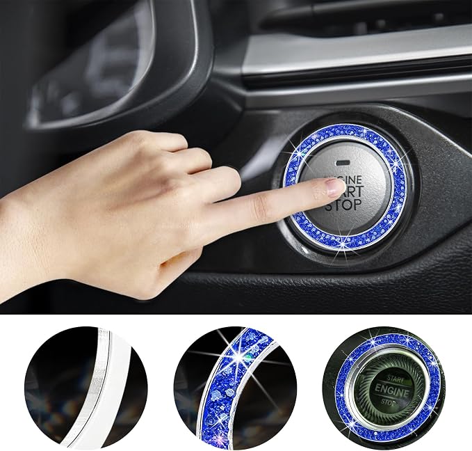 Kewucn Bling Crystal Double Rhinestone Car Engine Start Decoration Ring, Sparkling Push Start Button Sticker, Key Ignition & Knob Ring Decoration, Bling Car Interior Accessory(Dark Blue) - Image 4