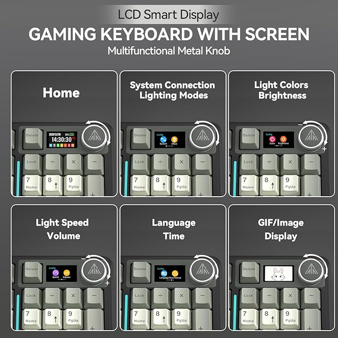 SOLAKAKA A99 Pro Wireless Mechanical Keyboard with LCD Screen & Metal Knob, 2.4GHz/BT5.0/USB-C, RGB Backlit Gaming Keyboard, Hot Swappable, Creamy Keyboard with Gasket Structure, for Win/Mac - Image 4