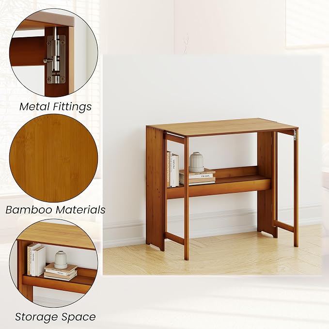 Wood Foldable Desk,Space Saving Foldable Table Bamboo Folding Desk Study Table with Bookshelf for Office Home Study Bedroom - Image 3