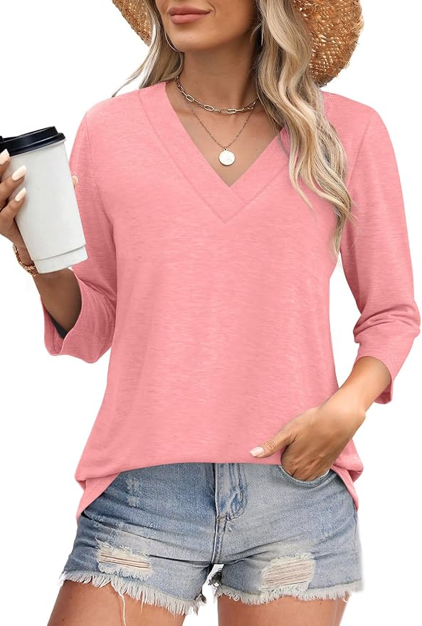 WIHOLL Womens Tops 3/4 Length Sleeve V Neck Casual Tunic Tops Basic Shirts Loose Fit Blouse - Image 2