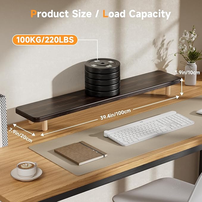 Dual Monitor Stand Riser, 39 Inch Extra Long Wooden Desktop Monitor Riser with Storage for 2 Monitors Ultra Strong Desk Shelf Organizer Riser Ergonomic for 2 Screens/Laptop/PC/TV/Printer (Dark Walnut, 39inches) - Image 3