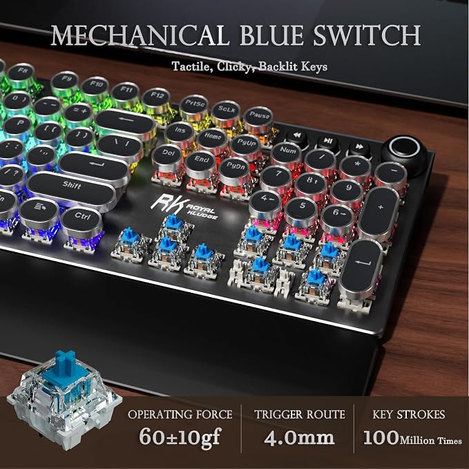 RK ROYAL KLUDGE X108 Typewriter Keyboard with Knob, Wired Mechanical Gaming Keyboard, 108 Keys RGB Backlit Sidelight, Detachable Wrist Rest, Retro Round Keycaps Blue Switches - Shadow Black - Image 4