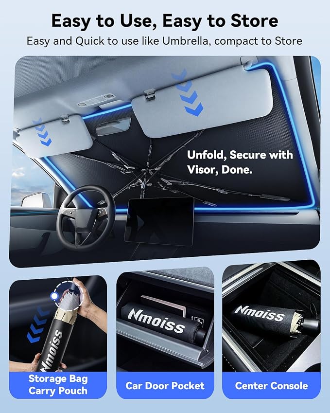 Nmoiss Windshield Sun Shade Umbrella for Silverado - [Vinyl Coating Heat Shield] Protect Car from Sun Rays & Heat Damage Keep Cool and Protect Interior, Spring Structure Edge - Image 7