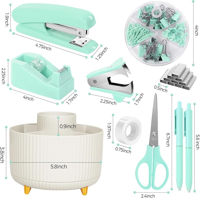 SKYDUE Teal Office Supplies Set, Office Desk Accessories 10Pcs, Pencil Holder for Desk, Stapler, Tape Dispenser, Scissors, Clips and 1000pcs Staples, School Supplies for Teacher - Image 7