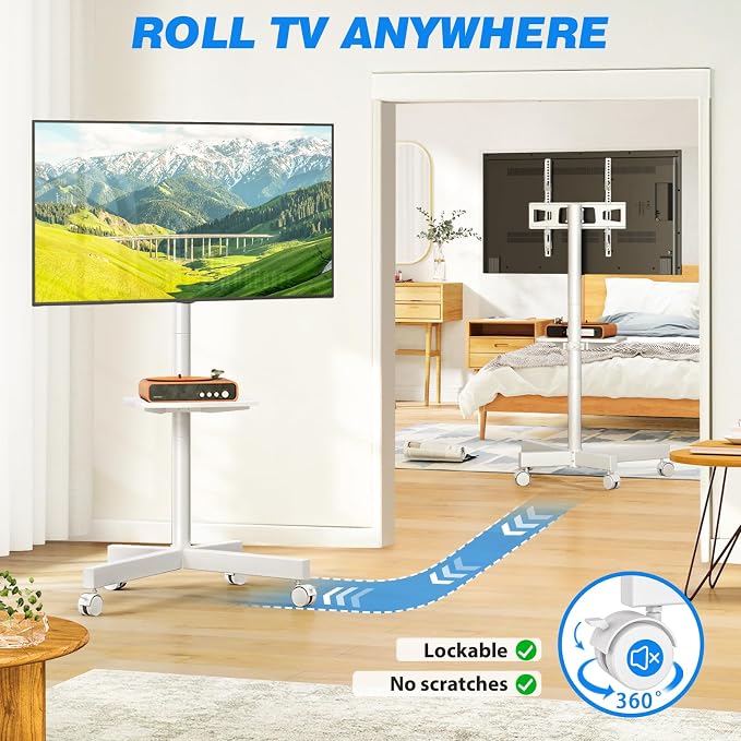 Rfiver Mobile TV Stand for 23-65 Inch LCD LED Flat/Curved Panel Screen TVs up to 88 lbs, Rolling TV Stand with Adjustable Shelf & Tilt, Portable Floor Stand on Wheels for Bedroom, Living Room, White - Image 4