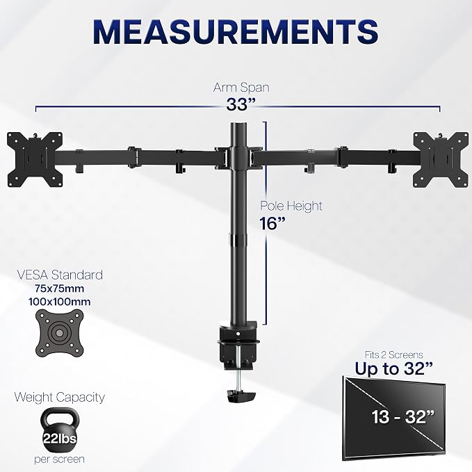 VIVO Dual Monitor Desk Mount, Heavy Duty Fully Adjustable Stand, Fits 2 LCD LED Screens up to 32 inches and 22 lbs Each, Black, STAND-V032 - Image 4