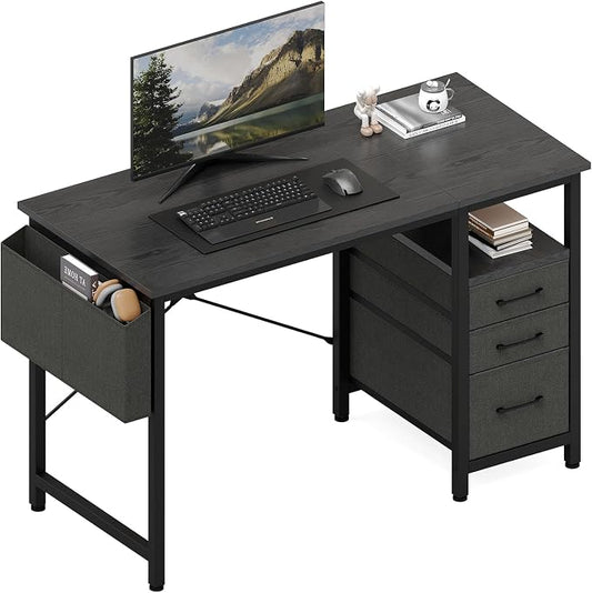 DUMOS 39 Inch Small Computer Desk with Storage, Fabric Drawers | Writing Table, Side Pocket, Space Saving Workstation, Home Office, Gaming Setup, Dorm Apartment, Black by DumosLifestyle