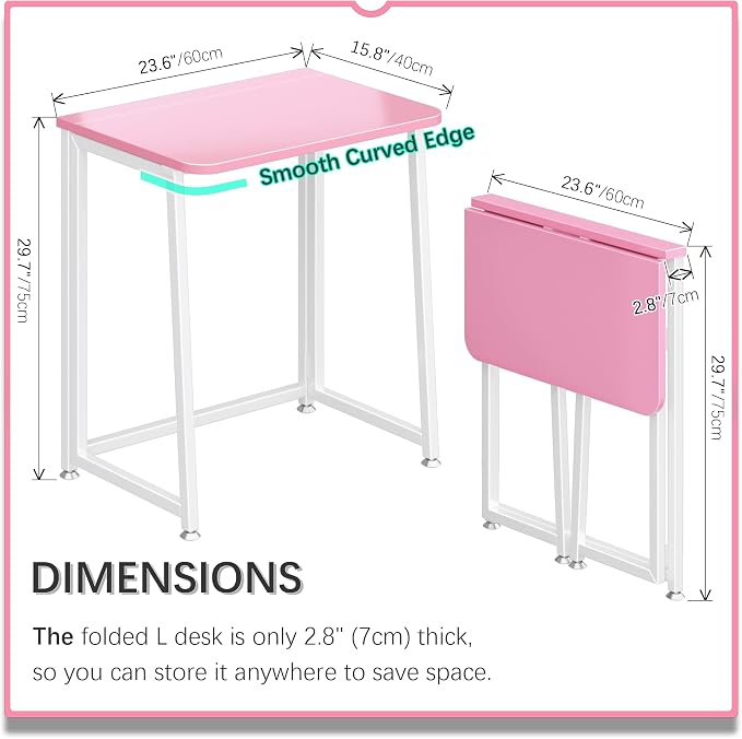 4NM 23.6" Mobile Small Folding Desk, Foldable Rolling Computer Home Office Desk, Study Writing Table for Small Space Saving Bedroom, with Wheels - Pink and White - Image 2