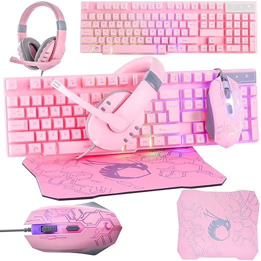 Pink Gaming Keyboard and Mouse Headset Headphones and Mouse pad, Wired LED RGB Backlight Bundle Pink PC Accessories for Gamers and Xbox and PS4 PS5 Nintendo Switch Users - 4in1 Edition Hornet RX-250 by Orzly