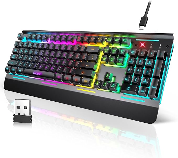 TECKNET Wireless Gaming Keyboard, 4000mAh Rechargeable Keyboard | 2-in-1 (2.4G Wireless & Wired) Connection, 15-Zone RGB Backlit, Whisper Quiet Design, 25 Anti-ghosting Keys, Metal Panel by Tecknet