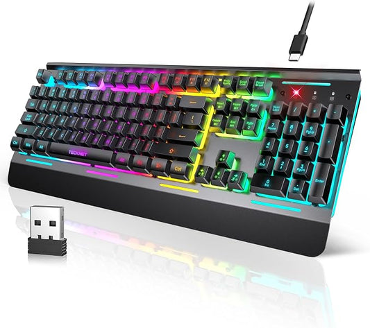 TECKNET Wireless Gaming Keyboard, 4000mAh Rechargeable Keyboard | 2-in-1 (2.4G Wireless & Wired) Connection, 15-Zone RGB Backlit, Whisper Quiet Design, 25 Anti-ghosting Keys, Metal Panel by Tecknet