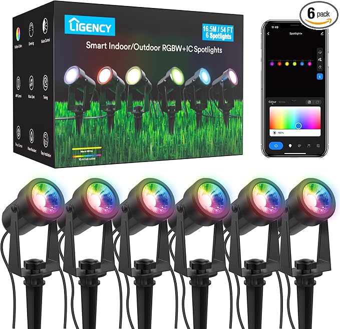 Ligency Spotlight Outdoor Smart Low Voltage Landscape Lights, 6 Pack Outdoor Spot Lights IP65 Waterproof RGBW Color Changing Spotlights for Yard Garden, 54Ft by Ligency