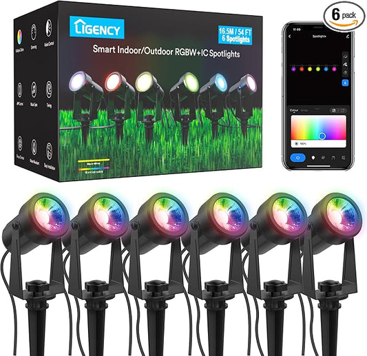 Ligency Spotlight Outdoor Smart Low Voltage Landscape Lights, 6 Pack Outdoor Spot Lights IP65 Waterproof RGBW Color Changing Spotlights for Yard Garden, 54Ft by Ligency