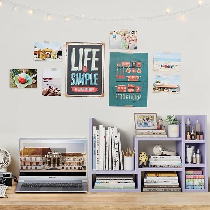 NUTIKAS Desk Shelves Desktop Organizer Shlef - Purple Office Organization for Top of Desk Organizers and Accessories Corner Bookshelf Table Top Shelving Small Hutch Decorations for Women Office - Image 2