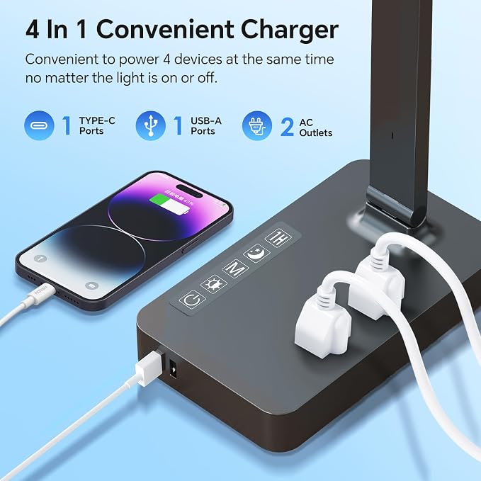 LAOPAO Desk Lamp with USB Charging Port: Power Strip with Surge Protection - 1 Type-C, 1 USB-A Charging Port, 2 AC Power Outlets, Desk Lamps for Home Office College Dorm Room Essentials - Image 2