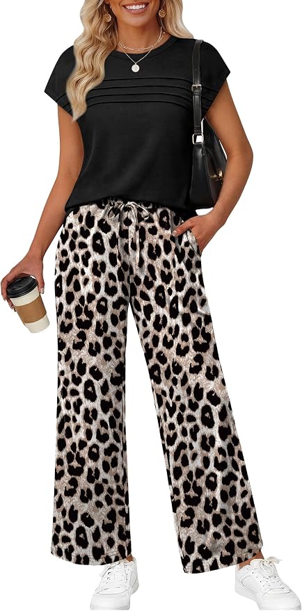 WIHOLL Two Piece Set for Women Summer Spring Outfits Matching Sets Women Clothing Airport Travel Vacation Wide Leg Pants by WIHOLL