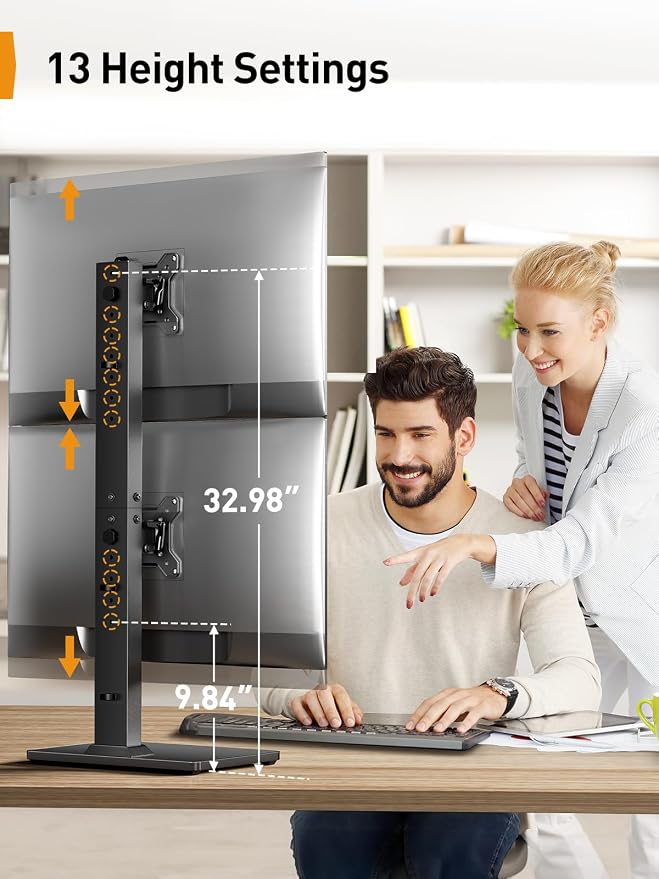 Perlegear Dual Vertical Monitor Stand for 13–40 inch Screens up to 44 lbs | Heavy-duty steel, swivel, tool-free tilt, 360° rotation, 13 height settings, cable management, max VESA 100x100mm, office use - Image 4