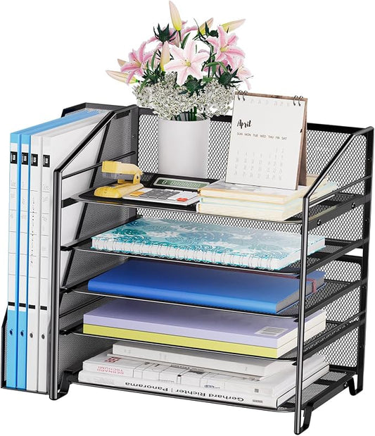 Simple Trending 5-Tier Desk File Organizer, Paper Organizer, Black | Adjustable Letter Trays, Side File Shelf，Durable Steel Mesh, Space Saving, for Home Office, 15.4"L x 9"W x 13"H by SimpleTrending