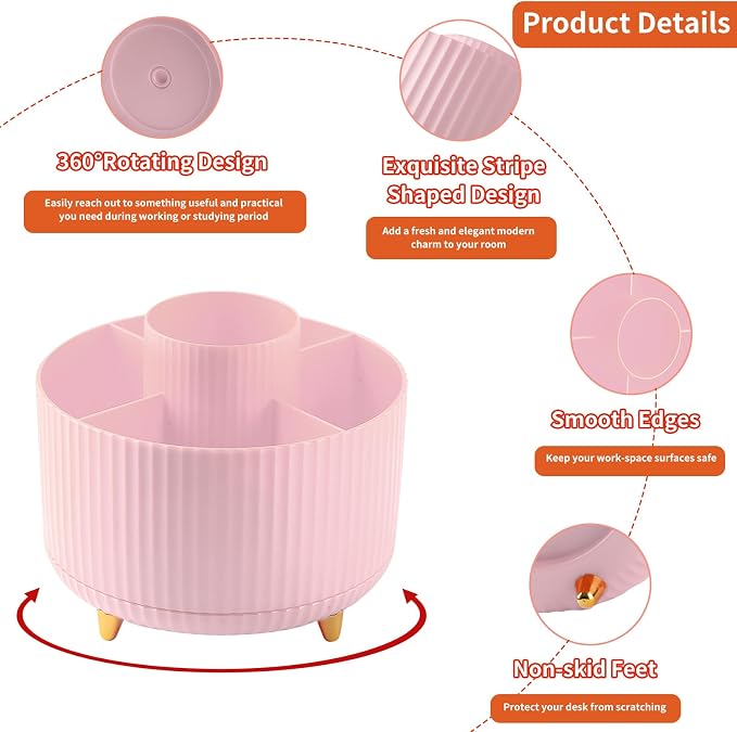 Desk Pencil Pen Holder, 5 Slots 360°Degree Rotating Organizers for Desk, Desktop Storage Stationery Supplies Organizer, Cute Cup Pot Office, School, Home, Art Supply, Pink - Image 6