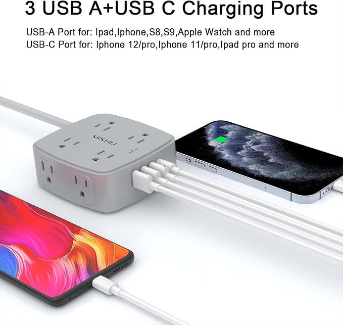6 Ft Surge Protector Power Strip - 8 Widely Outlets with 4 USB Ports, 3 Side Outlet Extender with 6 Feet Extension Cord, Flat Plug, Wall Mount, Desk USB Charging Station, ETL, Grey - Image 3