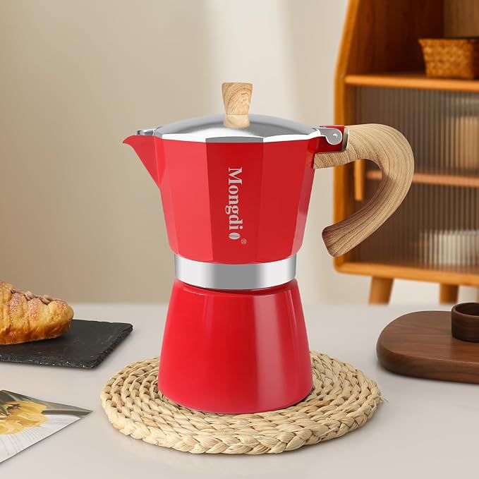 Mongdio Stovetop Espresso Maker Moka Pot, Cuban Coffee Maker Stove top coffee maker Moka Italian Espresso Greca Coffee Maker Brewer Percolator, 6 Espresso Cups, 10 oz - Red - Image 8
