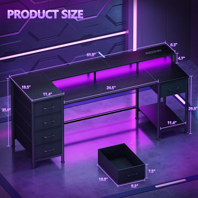 Korfile 61 Inch Gaming Computer Desk with Power Outlets,LED,5 Drawers,Black | For gaming and working,built-in power outlets and LED lights,5 fabric storage drawers, ffits 61-inch, monitor stand,black - Image 2