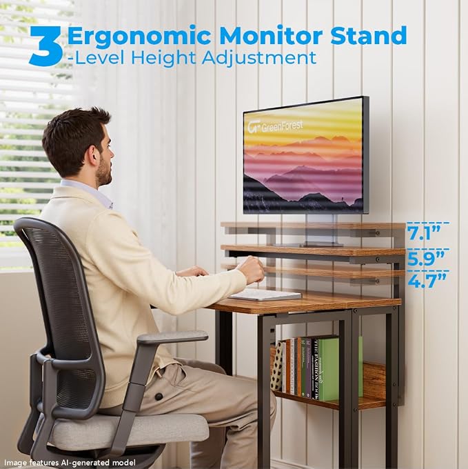 GreenForest Folding Desk with Adjustable Monitor Stand, 24.8 in Small Desk | Storage Shelf, Lockable Wheels, Portable, Space Saving, Mobile Rolling Table for Small Spaces, Home Office, Writing, Walnut - Image 4