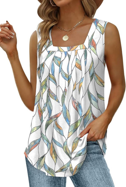 Saloogoe Summer Tank Tops for Women Loose Fit Pleated Square Neck Sleeveless Tops Curved Hem Flowy by Saloogoe