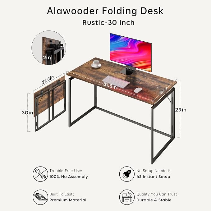 alawooder 31.5" Folding Desk: No Assembly, Wood Top for Small Spaces | Home office desk, holds 150 lbs, folds flat to 2.3 in, splash-proof wood top, sturdy metal frame - Image 5