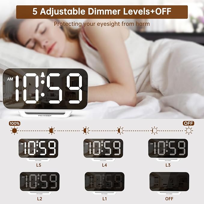 Peakeep Slim Digital Mirror Aesthetic Alarm Clock for Bedrooms Desk Decor | Plug in Electric Big LED Modern Small Clock for Office Living Room, Battery Backup, 6 Dimmers (White) - Image 4