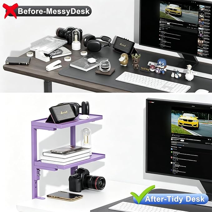 2-Tier Desk Shelf | Desk Organization Expandable Clamp on Desk Shelf Desktop Accessories for Offices and Game Rooms (Purple) - Image 3