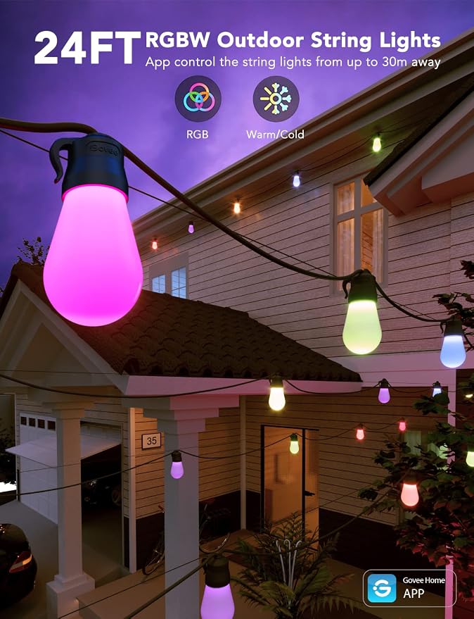 Govee Smart Outdoor String Lights H7029, 24ft RGBIC, IP65, 47 Scene Modes | 8 Dimmable LED Bulbs Outdoor Lights with Color Changing Warm White Lights for Patio, Backyard, App Control, Bluetooth - Image 2