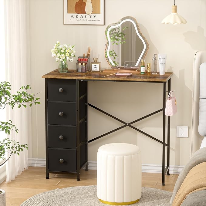 Small Computer Desk with 4 Fabric Drawers, 36 Inch Reversible Writing Desk for Home Office Bedroom, Modern Simple Kids Student Study Desk with Storage, Compact Desk for Small Spaces, Rustic Brown - Image 5